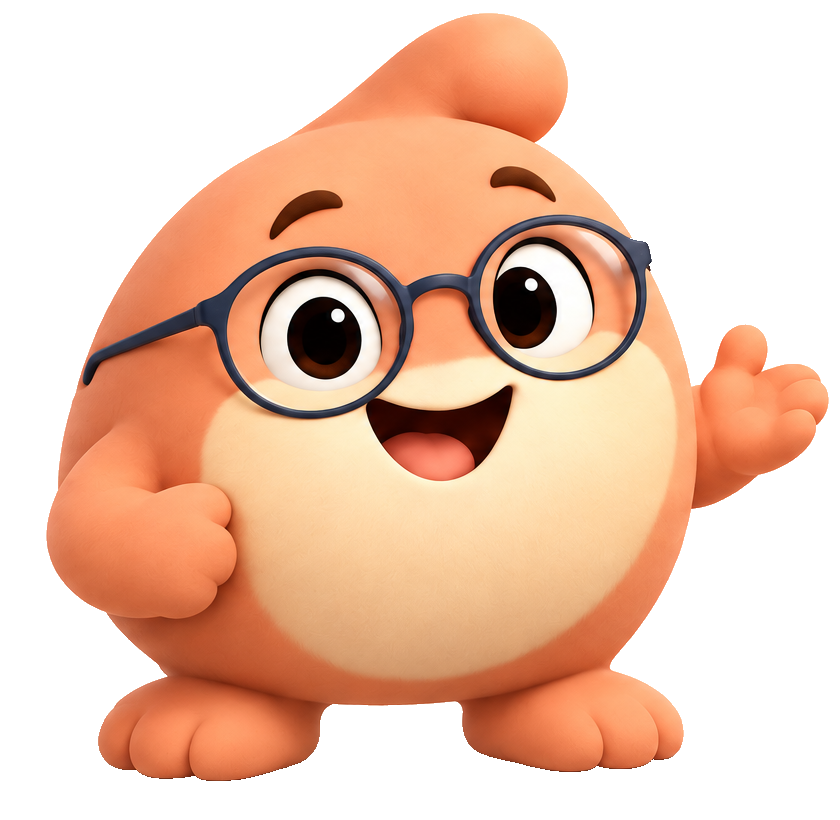 Pebbilo, a cheerful apricot-colored character wearing round glasses